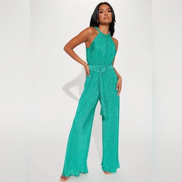 Fashion Nova Pants - Perfectly plisse green metallic jumpsuit-Fashion Nova (Small)
